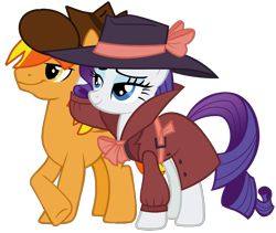 Size: 1160x980 | Tagged: safe, artist:jadeharmony, rarity, oc, oc:firey ratchet, pegasus, pony, unicorn, g4, clothes, detective, detective rarity, duo, duo male and female, fedora, female, hat, horn, male, mare, simple background, stallion, transparent background, trenchcoat