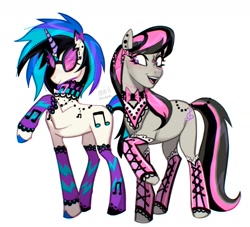 Size: 1778x1616 | Tagged: safe, artist:peachmichea, dj pon-3, octavia melody, vinyl scratch, earth pony, pony, unicorn, g4, bow, bowtie, choker, clothes, colored hooves, colored horn, concave belly, duo, dyed hair, ear piercing, earring, eyeshadow, female, glasses, hoof polish, hooves, horn, jewelry, leg warmers, lidded eyes, looking at each other, looking at someone, makeup, mare, necklace, open mouth, open smile, physique difference, piercing, ponymania, raised hoof, signature, simple background, slender, smiling, standing, thin, turned head, vinyl's glasses, white background