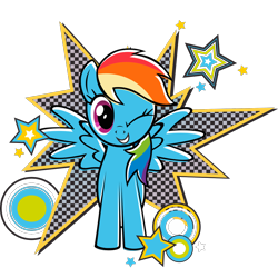 Size: 2048x2048 | Tagged: artist needed, safe, part of a set, rainbow dash, pegasus, pony, g4, official, black outlines, circle, female, grin, looking at you, mare, one eye closed, partially transparent background, smiling, solo, spread wings, stars, wings, wink, winking at you, zazzle
