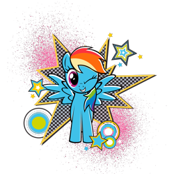 Size: 2048x2048 | Tagged: artist needed, safe, part of a set, rainbow dash, pegasus, pony, g4, official, black outlines, circle, female, grin, looking at you, mare, one eye closed, paint splatter, partially transparent background, smiling, solo, spread wings, stars, wings, wink, winking at you, zazzle