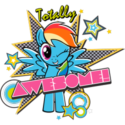 Size: 2048x2048 | Tagged: artist needed, safe, part of a set, rainbow dash, pegasus, pony, g4, official, black outlines, circle, female, grin, looking at you, mare, one eye closed, partially transparent background, smiling, solo, spread wings, stars, text, totally awesome, wings, wink, winking at you, zazzle