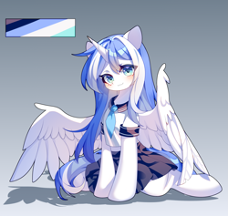 Size: 2831x2689 | Tagged: safe, artist:alus, oc, oc only, oc:ori, alicorn, clothes, gradient background, school uniform, skirt, solo