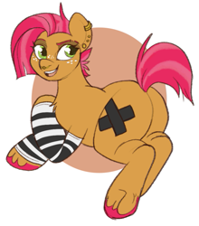 Size: 659x750 | Tagged: safe, artist:lulubell, babs seed, earth pony, pony, g4, butch, butt, clothes, covered cutie mark, ear piercing, earring, female, jewelry, leggings, mare, nose piercing, older, older babs seed, open mouth, open smile, piercing, plot, smiling, socks, solo, underhoof