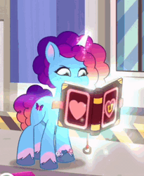 Size: 408x498 | Tagged: safe, screencap, misty brightdawn, pony, unicorn, cracked it, g5, my little pony: tell your tale, spoiler:g5, spoiler:my little pony: tell your tale, spoiler:tyts02e09, animated, book, bracelet, cute, female, friendship bracelet, gif, glowing, glowing horn, gradient mane, gradient tail, horn, jewelry, magic, mare, maretime bay, mistybetes, rebirth misty, tail, telekinesis
