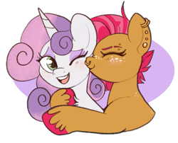 Size: 865x700 | Tagged: safe, artist:lulubell, babs seed, sweetie belle, earth pony, pony, unicorn, g4, butch, cheek kiss, colored hooves, crack shipping, ear piercing, earring, eyebrow slit, eyebrows, eyeshadow, female, freckles, horn, jewelry, kissing, lesbian, makeup, nose piercing, nose ring, older, piercing, ship:babsbelle, shipping, simple background, unshorn fetlocks, white background