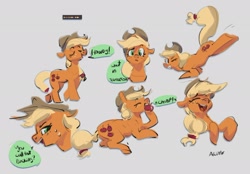 Size: 2320x1619 | Tagged: safe, artist:alumx, applejack, earth pony, pony, g4, apple, bucking, bust, colored sketch, dialogue, eating, eyes closed, female, floppy ears, food, gray background, grin, herbivore, howdy, lying down, mare, open mouth, open smile, prone, simple background, sketch, sketch dump, smiling, solo, speech bubble