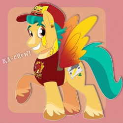 Size: 3000x3000 | Tagged: safe, artist:texacity, hitch trailblazer, earth pony, pony, g5, baseball cap, cap, cars (pixar), clothes, face paint, fake cutie mark, fake wings, grin, hat, lightning mcqueen, looking at you, male, passepartout, pink background, shirt, simple background, smiling, smiling at you, solo, stallion, t-shirt, unshorn fetlocks
