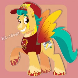 Size: 3000x3000 | Tagged: safe, alternate version, artist:texacity, hitch trailblazer, earth pony, pony, g5, baseball cap, cap, cars (pixar), clothes, face paint, fake cutie mark, fake wings, grin, hat, lightning mcqueen, looking at you, male, passepartout, pink background, shirt, simple background, smiling, smiling at you, solo, stallion, t-shirt, unshorn fetlocks
