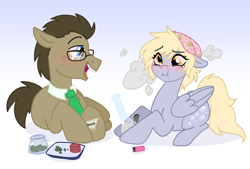 Size: 2084x1407 | Tagged: safe, artist:b(r)at, derpy hooves, doctor whooves, time turner, earth pony, pegasus, pony, g4, beanie hat, bong, drugs, female, glasses, gradient background, lighter, male, marijuana, ship:doctorderpy, shipping, smoke, smoking, straight
