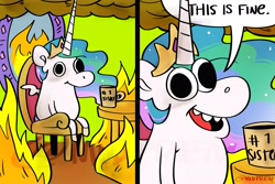 Size: 4096x2731 | Tagged: safe, artist:midnightpremiere, princess celestia, alicorn, pony, g4, coffee mug, comic, dialogue, female, fire, mare, mug, sitting, solo, speech bubble, this is fine, throne