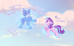 Size: 1600x1000 | Tagged: safe, artist:mirtash, starlight glimmer, trixie, pony, unicorn, g4, blue mane, blue tail, chest fluff, cloud, concave belly, concerned, dialogue, duo, duo female, ear fluff, female, floating, floppy ears, glowing, glowing horn, hoof heart, hoofy-kicks, horn, lesbian, levitation, looking at someone, looking down, magic, magic aura, mare, motion lines, open mouth, open smile, outdoors, pink eyes, profile, redraw, self-levitation, ship:startrix, shipping, sky, sky background, smiling, tail, talking, teeth, telekinesis, text, two toned mane, two toned tail, underhoof, unicorn horn, wavy mane, wavy tail, wingding eyes