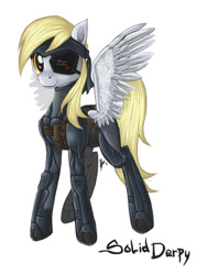 Size: 1500x2000 | Tagged: safe, artist:relydazed, derpy hooves, pegasus, pony, g4, 2011, crossover, eyepatch, female, konami, looking at you, mare, metal gear, signature, simple background, smiling, solid snake, solo, spread wings, white background, wings