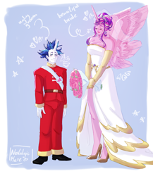 Size: 2000x2300 | Tagged: safe, artist:starsbursts, princess cadance, shining armor, human, g4, alicorn humanization, clothes, dress, duo, duo male and female, evening gloves, eyes closed, female, flower, gloves, high heels, horned humanization, humanized, long gloves, male, meme, messy hair, pants, pony coloring, ship:shiningcadance, shipping, shoes, size difference, straight, suit, the bride and the ugly ass groom, wedding dress, wedding suit, winged humanization