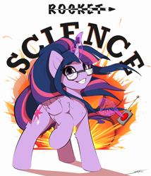 Size: 3000x3500 | Tagged: safe, artist:skitsroom, sci-twi, twilight sparkle, alicorn, pony, g4, alicornified, big red button, borderlands: the pre-sequel, cool guys don't look at explosions, explosion, female, folded wings, for science, glasses, glowing, glowing horn, grin, hand, horn, looking at you, magic, magic aura, magic hands, mare, nerd pony, ponytail, race swap, raised hoof, rocket science, sci-twilicorn, smiling, smiling at you, solo, twilight sparkle (alicorn), wings