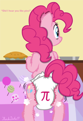 Size: 2000x2920 | Tagged: safe, artist:thunderdasher07, pinkie pie, earth pony, pony, g4, air pushed out of diaper, belly fluff, bipedal, bipedal leaning, both cutie marks, butt, butt focus, butt shake, diaper, diaper butt, diaper fetish, diapered, display case, ear fluff, female, fetish, fluffy, food, high res, hoof fluff, implied farting, leaning, leaning forward, leg fluff, mare, motion lines, non-baby in diaper, pi, pi day, pie, pie tin, plot, poofy diaper, rear view, signature, smiling, solo, sugarcube corner, tail, tail hole, talking, talking to viewer