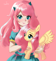 Size: 1280x1380 | Tagged: safe, artist:linkedfairy, fluttershy, human, pegasus, pony, equestria girls, g4, female, human coloration, human ponidox, mare, pink background, self paradox, self ponidox, simple background, toy