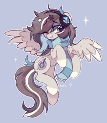 Size: 843x964 | Tagged: safe, artist:flixanoa, oc, oc only, oc:percy pawz, pegasus, pony, bags under eyes, bigender, brown mane, brown tail, chest fluff, clothes, coat markings, colored wings, colored wingtips, eye clipping through hair, eyebrows, eyebrows visible through hair, fetlock tuft, flying, gray background, hair accessory, hairclip, headphones, leg fluff, long mane, long tail, looking away, messy mane, messy tail, multicolored mane, multicolored tail, one eye closed, outline, pegasus oc, scarf, signature, simple background, smiling, socks (coat markings), solo, sparkles, sparkly mane, sparkly tail, spread wings, starry eyes, tail, teal eye, two toned wings, wingding eyes, wings