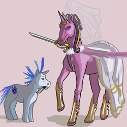 Size: 1800x1800 | Tagged: safe, artist:mirainette, princess cadance, shining armor, alicorn, pony, unicorn, g4, 2024, alternate hairstyle, clothes, dress, duo, duo male and female, female, height difference, hoers, hoof shoes, horn, horn ring, ides of march, knife, larger female, male, mare, meme, messy mane, messy tail, mouth hold, princess shoes, raised hoof, redraw, ring, ship:shiningcadance, shipping, simple background, size difference, smaller male, spread wings, stallion, straight, sword, tail, the bride and the ugly ass groom, toy interpretation, veil, weapon, wedding dress, wedding veil, wings