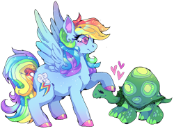 Size: 1400x1050 | Tagged: safe, artist:suippumato, rainbow dash, tank, pegasus, pony, tortoise, g4, colored hooves, duo, duo male and female, female, heart, male, mare, petting, simple background, smiling, spread wings, transparent background, wings