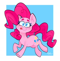 Size: 1869x1888 | Tagged: safe, artist:squididdlee, pinkie pie, earth pony, pony, g4, colored pupils, female, looking at you, mare, passepartout, ponk, signature, simple background, smiling, smiling at you, solo, tongue out, white background