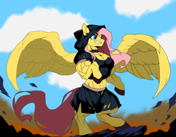 Size: 4096x3200 | Tagged: safe, artist:anythingpony, fluttershy, pegasus, pony, g4, belly button, bipedal, choker, cloak, clothes, cloud, dust, evil smile, female, fire, flowing mane, flowing tail, grin, high res, ibispaint x, multiple variants, muscles, muscleshy, muscular female, rock, skirt, smiling, solo, spread wings, tail, torn clothes, wings