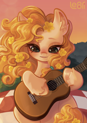 Size: 2283x3233 | Tagged: safe, artist:lenori, pear butter, earth pony, pony, g4, the perfect pear, artwork, bust, buttercup, digital art, flower, food, guitar, illustration, musical instrument, pear, portrait, soft, soft shading, solo, sunset