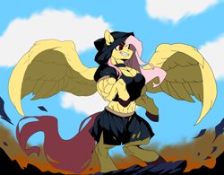 Size: 4096x3200 | Tagged: safe, alternate version, artist:enterusxrname, fluttershy, bat pony, pegasus, pony, g4, bipedal, clothes, cloud, destruction, dust, fangs, female, fire, flowing mane, flowing tail, high res, hood, ibispaint x, multiple variants, muscles, muscleshy, muscular female, red eyes, rock, skirt, solo, spread wings, tail, torn clothes, wings