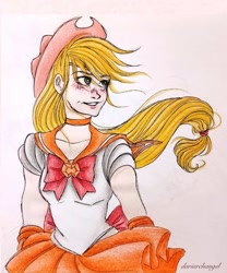 Size: 1080x1299 | Tagged: safe, artist:dariarchangel, part of a set, applejack, human, g4, crossover, female, humanized, sailor moon (series), sailor senshi, solo, traditional art, windswept hair