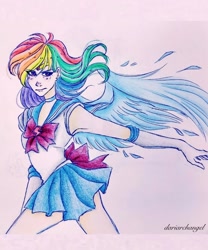Size: 1080x1298 | Tagged: safe, artist:dariarchangel, part of a set, rainbow dash, human, g4, crossover, female, humanized, sailor moon (series), sailor senshi, solo, traditional art, windswept hair, winged humanization, wings