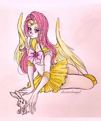 Size: 1080x1298 | Tagged: safe, artist:dariarchangel, part of a set, angel bunny, fluttershy, human, rabbit, g4, animal, clothes, crossover, duo, female, humanized, sailor fluttershy, sailor kindness, sailor moon (series), sailor senshi, sailor uniform, sitting, traditional art, uniform, winged humanization, wings