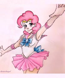 Size: 1080x1300 | Tagged: safe, artist:dariarchangel, part of a set, pinkie pie, human, g4, clothes, crossover, female, gloves, humanized, long gloves, miniskirt, sailor laughter, sailor moon (series), sailor pinkie pie, sailor senshi, sailor uniform, skirt, smiling, solo, traditional art, uniform