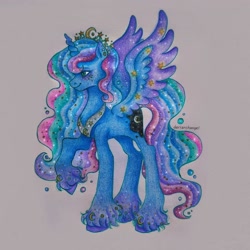 Size: 1080x1080 | Tagged: safe, artist:dariarchangel, princess luna, alicorn, pony, g4, alternate design, crown, ethereal mane, ethereal tail, jewelry, peytral, raised hoof, regalia, solo, spread wings, tail, traditional art, unshorn fetlocks, wings