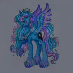 Size: 1080x1080 | Tagged: safe, alternate version, artist:dariarchangel, princess luna, alicorn, pony, g4, alternate design, crown, ethereal mane, ethereal tail, jewelry, peytral, raised hoof, regalia, solo, spread wings, tail, traditional art, unshorn fetlocks, wings