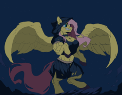 Size: 4096x3200 | Tagged: safe, alternate version, artist:anythingpony, fluttershy, pegasus, pony, g4, bipedal, choker, cloak, clothes, female, flowing mane, flowing tail, hood, multiple variants, muscles, muscleshy, muscular female, night, rock, signature, skirt, sky, solo, spread wings, stars, tail, torn clothes, wings