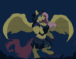 Size: 4096x3200 | Tagged: safe, alternate version, artist:anythingpony, fluttershy, pegasus, pony, g4, bipedal, choker, chokershy, cloak, clothes, female, flowing mane, flowing tail, hood, multiple variants, muscles, muscleshy, muscular female, night, outdoors, rock, signature, skirt, sky, solo, spread wings, stars, tail, torn clothes, wings