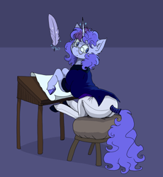 Size: 1658x1799 | Tagged: safe, artist:paskanaakka, derpibooru exclusive, oc, oc only, oc:midnight dew, pony, unicorn, alternate timeline, butt, clothes, colored hooves, female, glasses, horn, mare, nightmare takeover timeline, pants, plot, pony oc, quill, sitting, solo, tail, tail wrap, unicorn oc, unshorn fetlocks