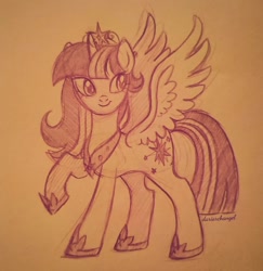 Size: 1080x1110 | Tagged: safe, artist:dariarchangel, twilight sparkle, alicorn, pony, g4, big crown thingy, concave belly, element of magic, hoof shoes, jewelry, monochrome, peytral, princess shoes, raised hoof, regalia, sketch, solo, traditional art, twilight sparkle (alicorn)