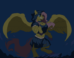 Size: 4096x3200 | Tagged: safe, alternate version, artist:anythingpony, fluttershy, pegasus, pony, g4, bipedal, choker, cloak, clothes, dark, female, flowing mane, flowing tail, high res, hood, multiple variants, muscles, muscleshy, muscular female, night, rock, signature, skirt, sky, solo, spread wings, stars, tail, torn clothes, wings