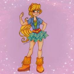Size: 1080x1080 | Tagged: safe, artist:dariarchangel, applejack, human, equestria girls, g4, boots, clothes, denim, denim jacket, female, freckles, hatless, jacket, missing accessory, ponied up, shoes, skirt, solo, traditional art