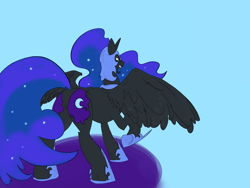 Size: 4800x3600 | Tagged: safe, artist:ponny, nightmare moon, alicorn, pony, g4, butt, colored, concave belly, dock, fangs, featureless crotch, female, mare, nightmare moonbutt, plot, raised hoof, rear view, solo, spread wings, tail, wings