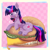 Size: 1280x1280 | Tagged: safe, artist:puyohh, twilight sparkle, pony, unicorn, g4, beanbag chair, blue background, burger, checkered background, female, food, happy, hoof heart, horn, lying down, open mouth, open smile, pink background, ponies in food, smiling, solo, twilight burgkle, underhoof, unicorn twilight, yellow background