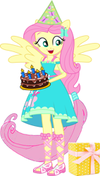 Size: 564x996 | Tagged: safe, artist:dustinwatsongkx, edit, editor:incredibubbleirishguy, vector edit, fluttershy, equestria girls, g4, my little pony equestria girls: better together, birthday, birthday cake, birthday present, cake, fluttershy boho dress, fluttershy's birthday, food, hat, party hat, simple background, solo, transparent background, vector