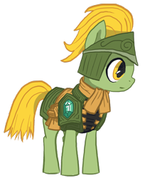 Size: 1176x1440 | Tagged: safe, artist:finnfox66, derpibooru exclusive, oc, oc only, oc:golden glaive, earth pony, armor, clothes, full body, gem, green coat, helmet, scarf, simple background, transparent background, yellow mane