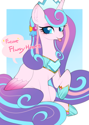 Size: 636x900 | Tagged: safe, artist:snow angel, princess flurry heart, alicorn, pony, g4, :p, crown, cute, ear fluff, female, flurrybetes, hoof shoes, jewelry, looking at you, older, older flurry heart, passepartout, raised hoof, regalia, solo, tongue out