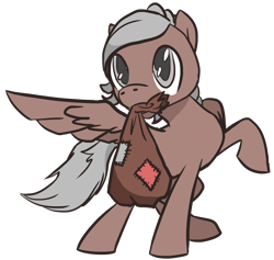 Size: 1596x1516 | Tagged: safe, artist:finnfox66, derpibooru exclusive, oc, oc only, oc:wovenheart, pegasus, bag, brown coat, full body, gray mane, patch, simple background, solo, spread wings, transparent background, wings