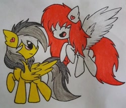 Size: 872x749 | Tagged: safe, artist:cherry.317, oc, oc only, oc:kira (fl), oc:thunder (fl), pegasus, pony, duo, flying, looking at each other, looking at someone, simple background, smiling, smiling at each other, traditional art