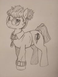 Size: 3000x4000 | Tagged: safe, artist:finnfox66, derpibooru exclusive, oc, oc only, oc:knot whatnot, black and white, button-up shirt, clothes, dress shirt, glasses, grayscale, jewelry, monochrome, necklace, round glasses, shirt, simple background, sketch, traditional art, white background