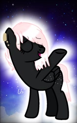 Size: 640x1022 | Tagged: safe, artist:galactic studios, oc, oc:onyxstar (fl), pegasus, pony, eyes closed, galaxy background, glowing, looking up, open mouth, raised hoof, solo