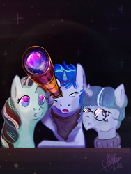 Size: 900x1200 | Tagged: safe, artist:julmu, derpibooru exclusive, oc, oc only, oc:dusty spark, oc:knot whatnot, oc:mint shake, glasses, open mouth, round glasses, telescope