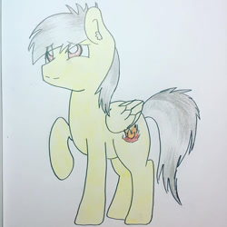 Size: 640x639 | Tagged: safe, artist:flutter paws, oc, oc:thunder (fl), pegasus, pony, looking up, raised hoof, shy, smiling, solo, traditional art